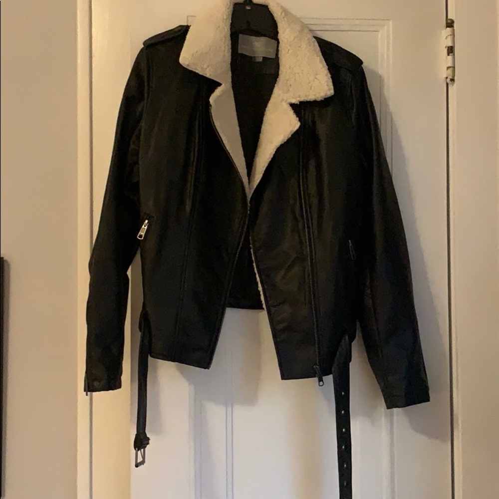 Shearling Trimmed Moto Jacket Faux Leather